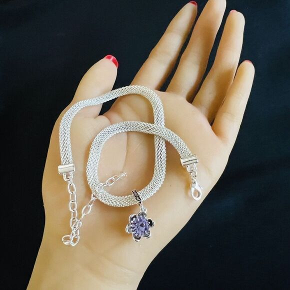 Beautiful Choker Silver Mesh Flower Pendant Purple Stone Fashion Necklace 1078 - Picture 7 of 10